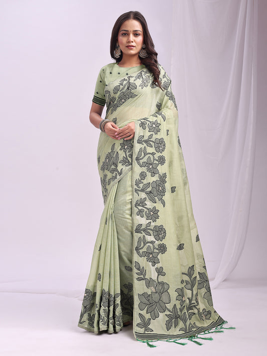 Astita Light Green Linen Cotton Saree with Elegant Black Floral Print – Lightweight & Stylish Saree for Festive and Office Wear