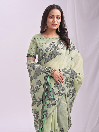 Astita Light Green Linen Cotton Saree with Elegant Black Floral Print – Lightweight & Stylish Saree for Festive and Office Wear