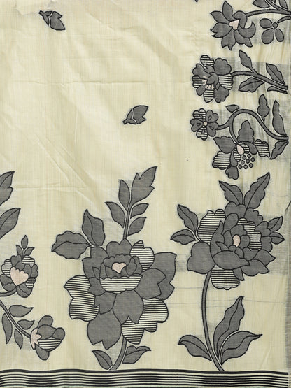 Astita Light Green Linen Cotton Saree with Elegant Black Floral Print – Lightweight & Stylish Saree for Festive and Office Wear