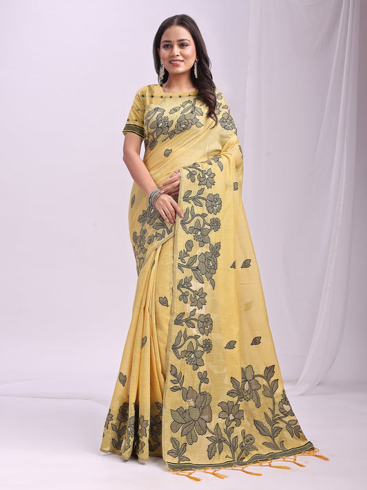Astita Yellow Linen Cotton Saree with Elegant Black Floral Print – Lightweight & Stylish Saree for Festive and Office Wear