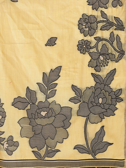 Astita Yellow Linen Cotton Saree with Elegant Black Floral Print – Lightweight & Stylish Saree for Festive and Office Wear