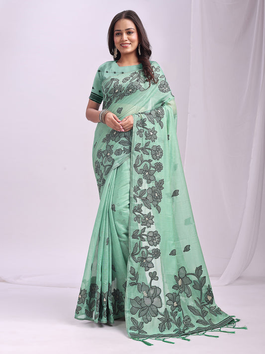 Astita Rama Green Linen Cotton Saree with Elegant Black Floral Print – Lightweight & Stylish Saree for Festive and Office Wear