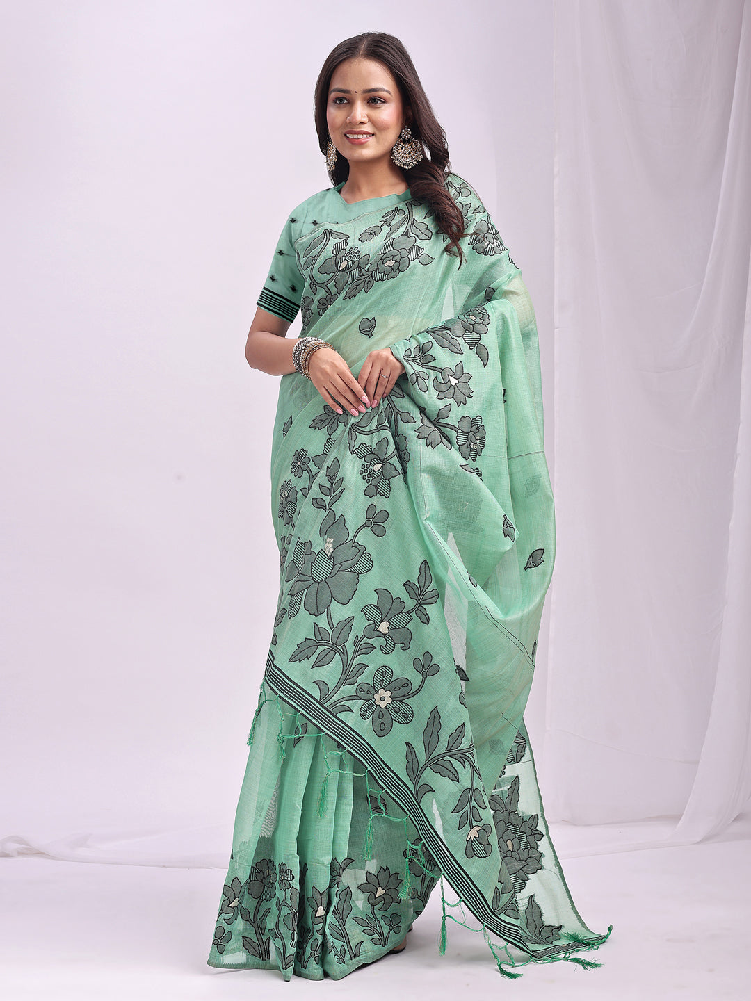 Astita Rama Green Linen Cotton Saree with Elegant Black Floral Print – Lightweight & Stylish Saree for Festive and Office Wear