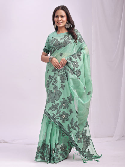 Astita Rama Green Linen Cotton Saree with Elegant Black Floral Print – Lightweight & Stylish Saree for Festive and Office Wear