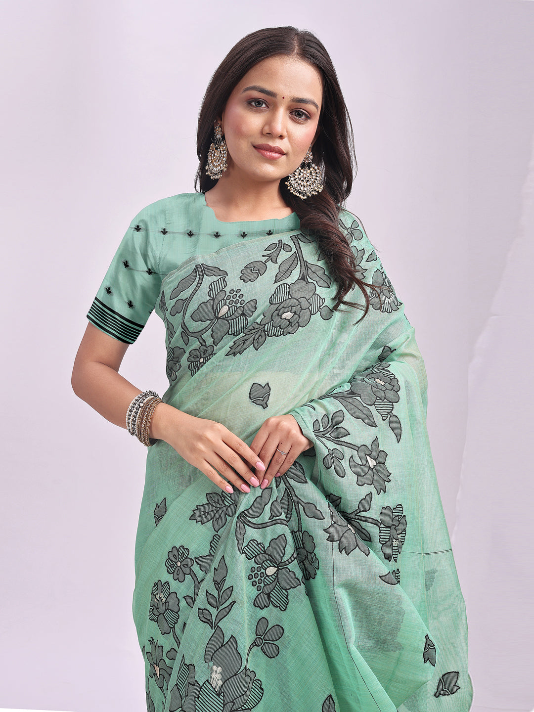 Astita Rama Green Linen Cotton Saree with Elegant Black Floral Print – Lightweight & Stylish Saree for Festive and Office Wear