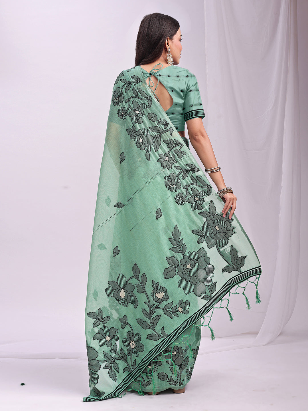Astita Rama Green Linen Cotton Saree with Elegant Black Floral Print – Lightweight & Stylish Saree for Festive and Office Wear