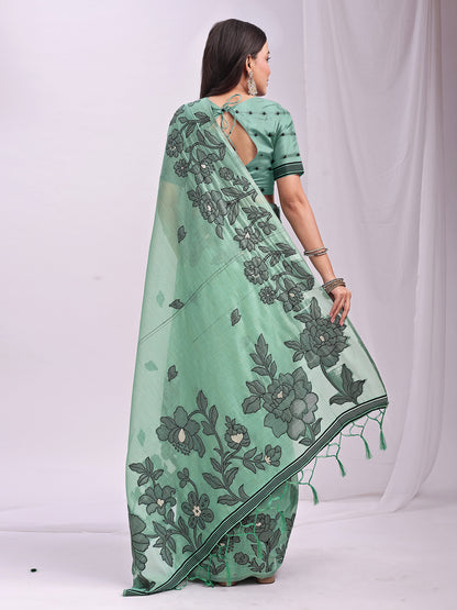 Astita Rama Green Linen Cotton Saree with Elegant Black Floral Print – Lightweight & Stylish Saree for Festive and Office Wear