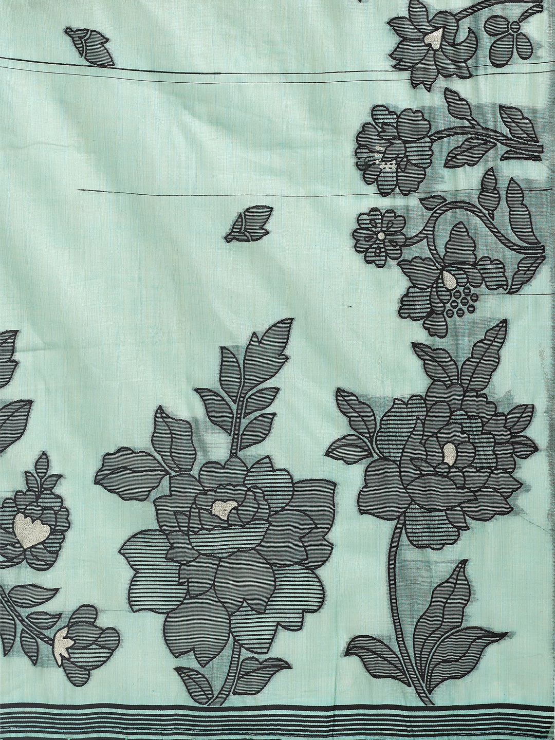 Astita Rama Green Linen Cotton Saree with Elegant Black Floral Print – Lightweight & Stylish Saree for Festive and Office Wear