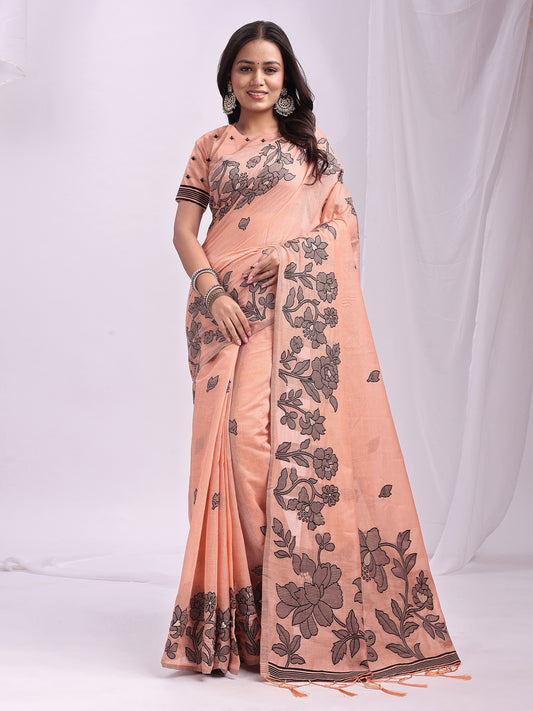 Astita Orange Linen Cotton Saree with Elegant Black Floral Print – Lightweight & Stylish Saree for Festive and Office Wear