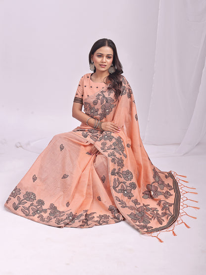 Astita Orange Linen Cotton Saree with Elegant Black Floral Print – Lightweight & Stylish Saree for Festive and Office Wear