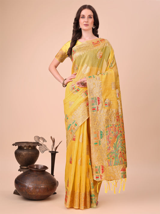 Yellow Linen Saree with Multicolor Weaving & Zari Pallu