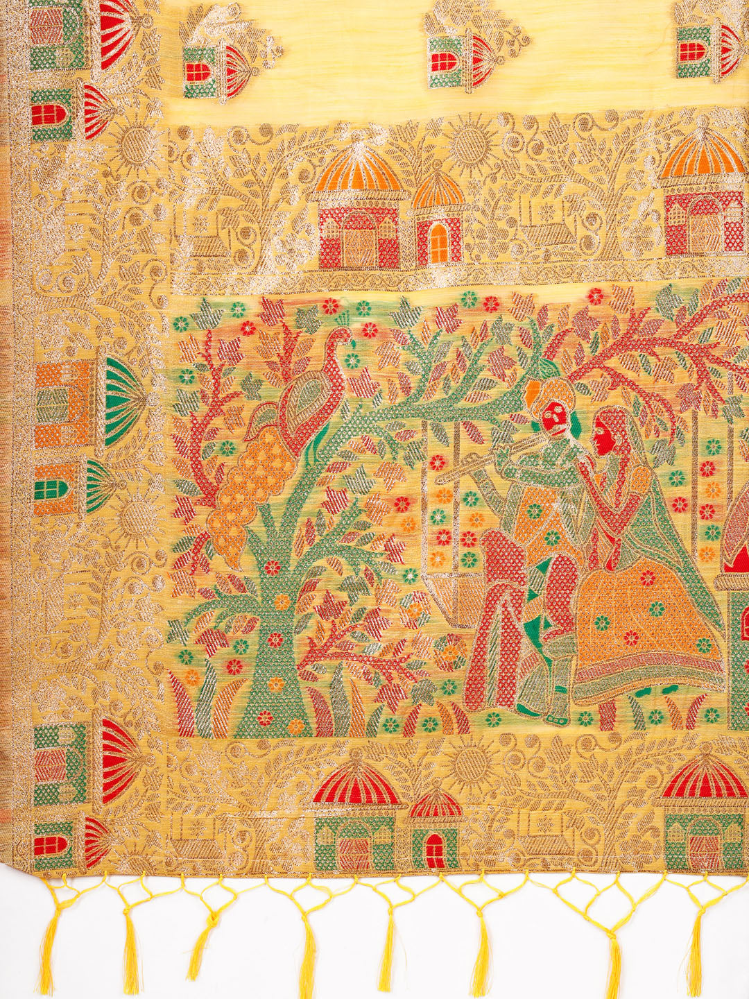 Yellow Linen Saree with Multicolor Weaving & Zari Pallu