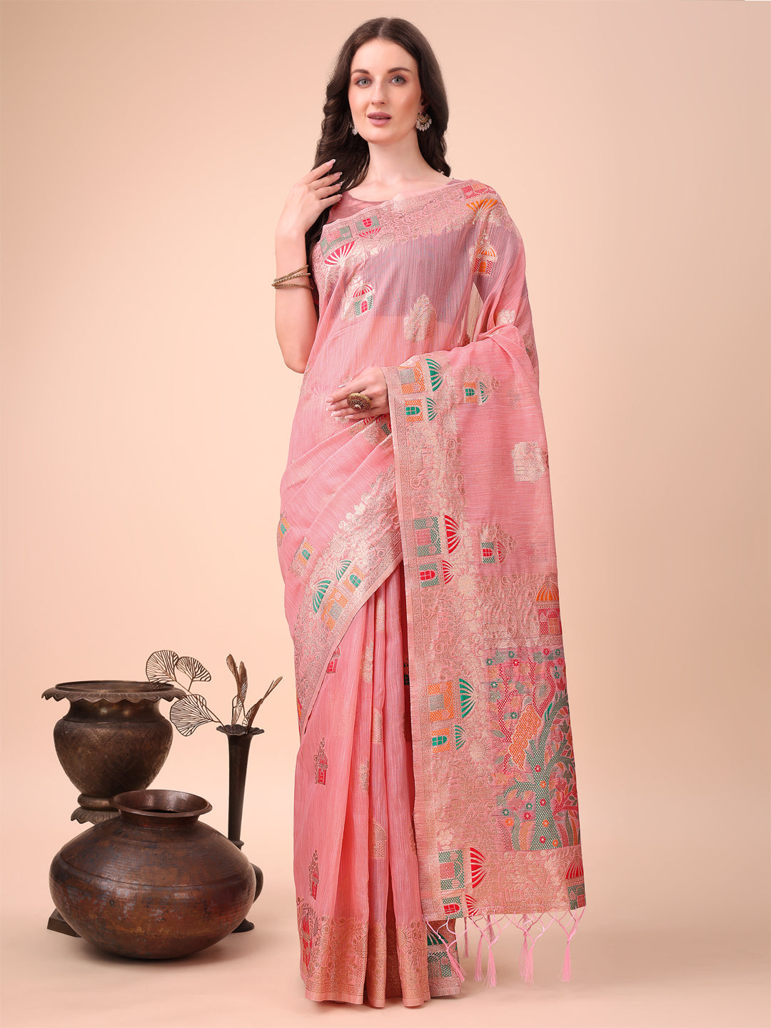 Pink Linen Saree with Multicolor Weaving & Zari Pallu