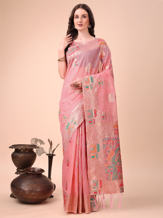 Pink Linen Saree with Multicolor Weaving & Zari Pallu