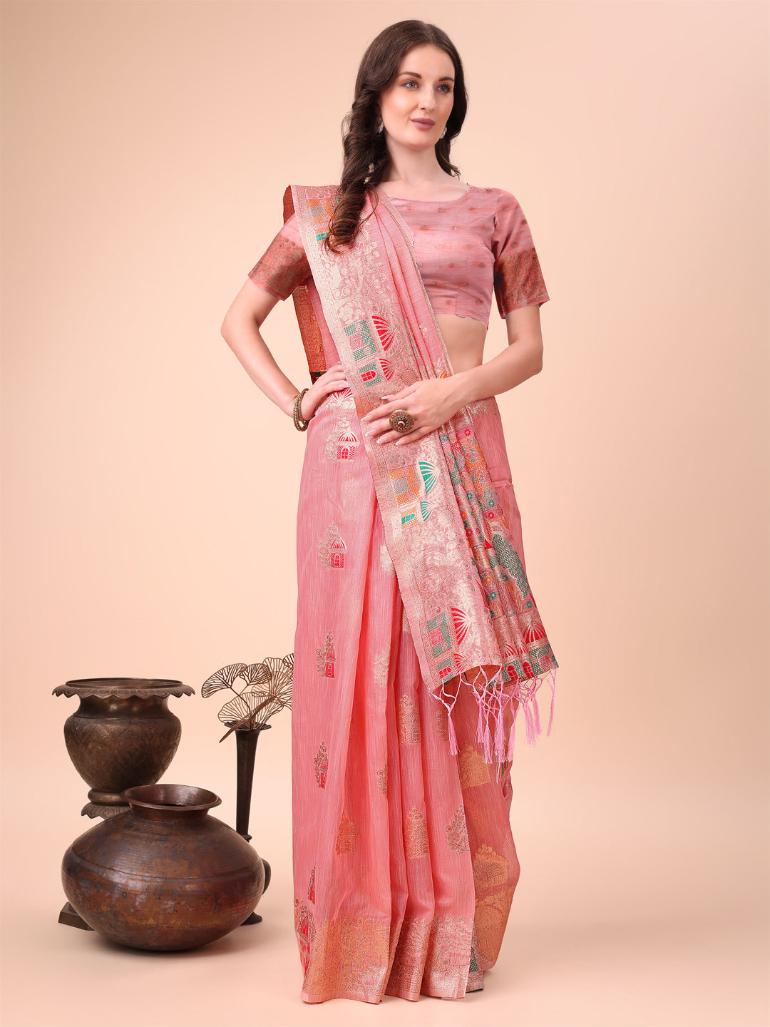 Pink Linen Saree with Multicolor Weaving & Zari Pallu