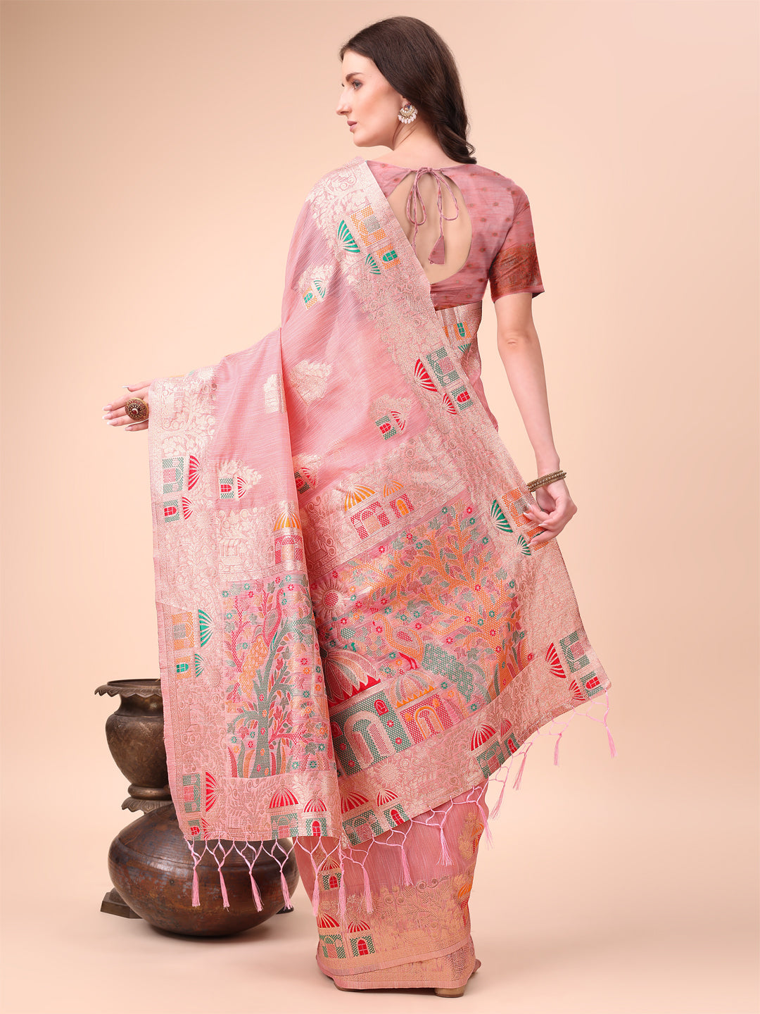 Pink Linen Saree with Multicolor Weaving & Zari Pallu