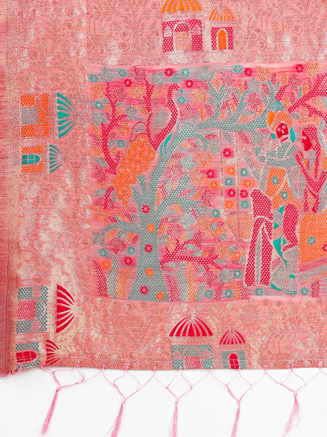 Pink Linen Saree with Multicolor Weaving & Zari Pallu