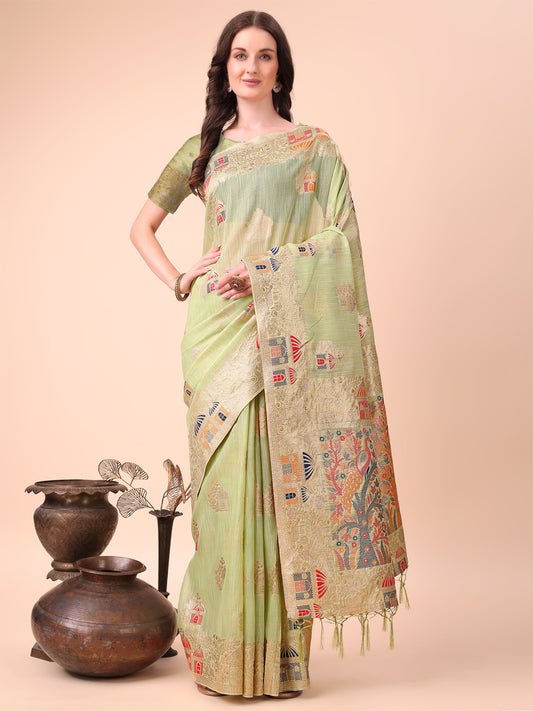 Light Green Linen Saree with Multicolor Weaving & Zari Pallu