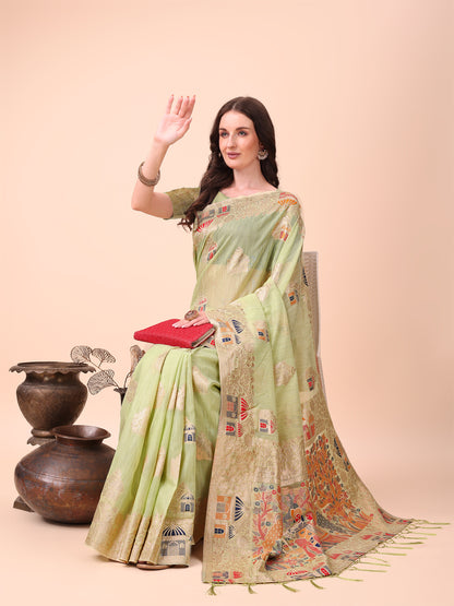 Light Green Linen Saree with Multicolor Weaving & Zari Pallu