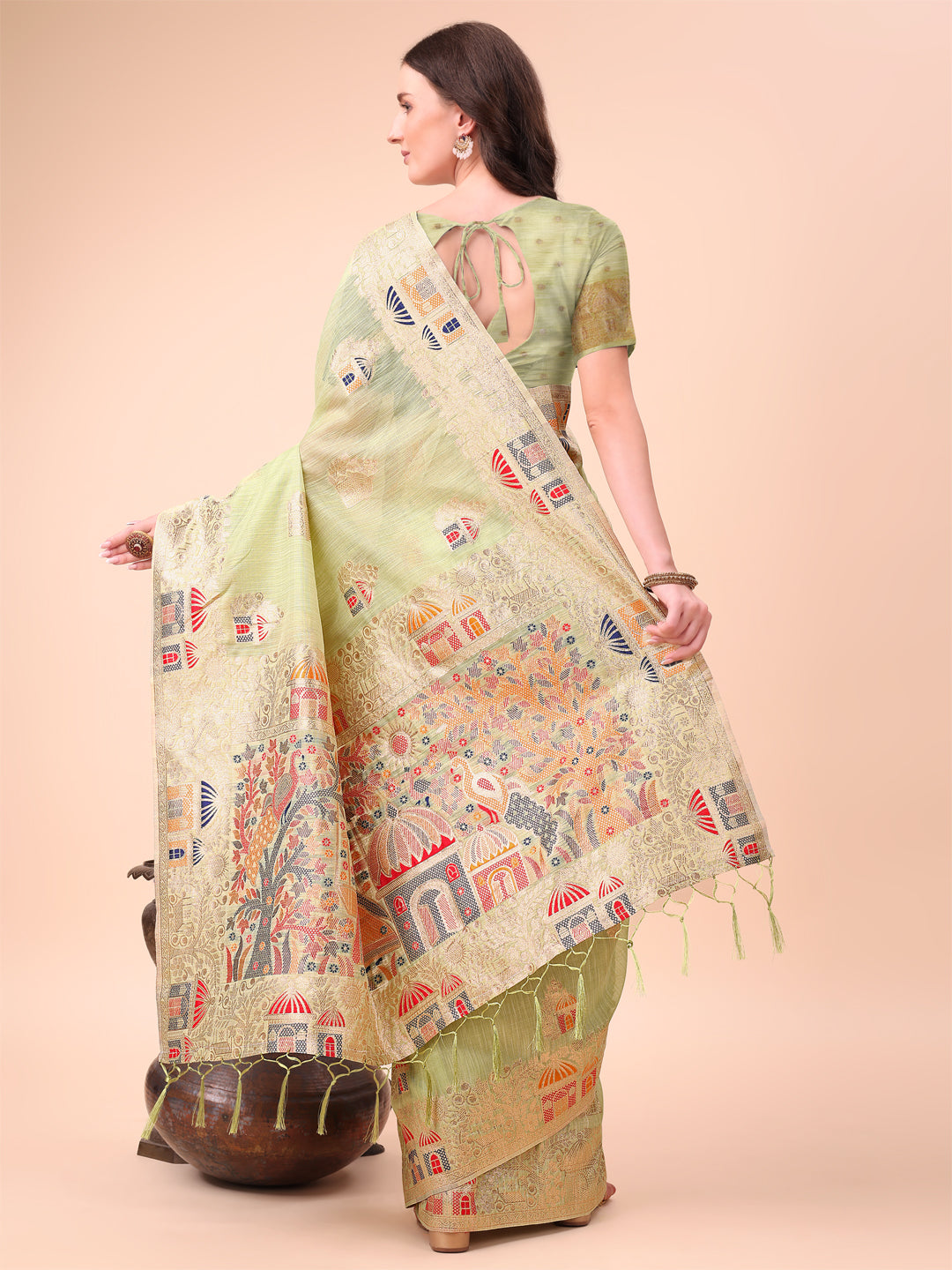 Light Green Linen Saree with Multicolor Weaving & Zari Pallu