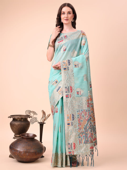 Sky Blue Linen Saree with Multicolor Weaving & Zari Pallu