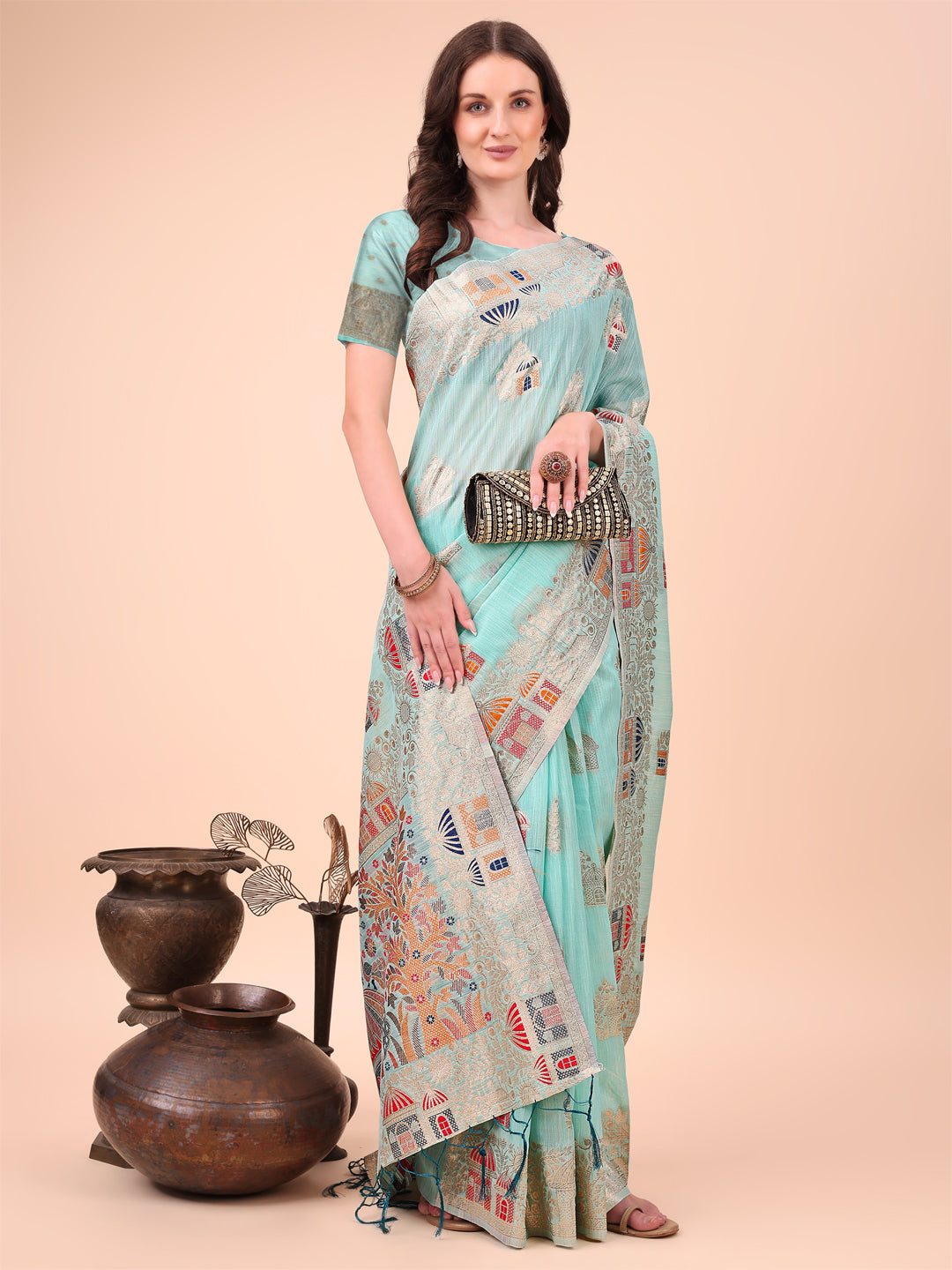 Sky Blue Linen Saree with Multicolor Weaving & Zari Pallu