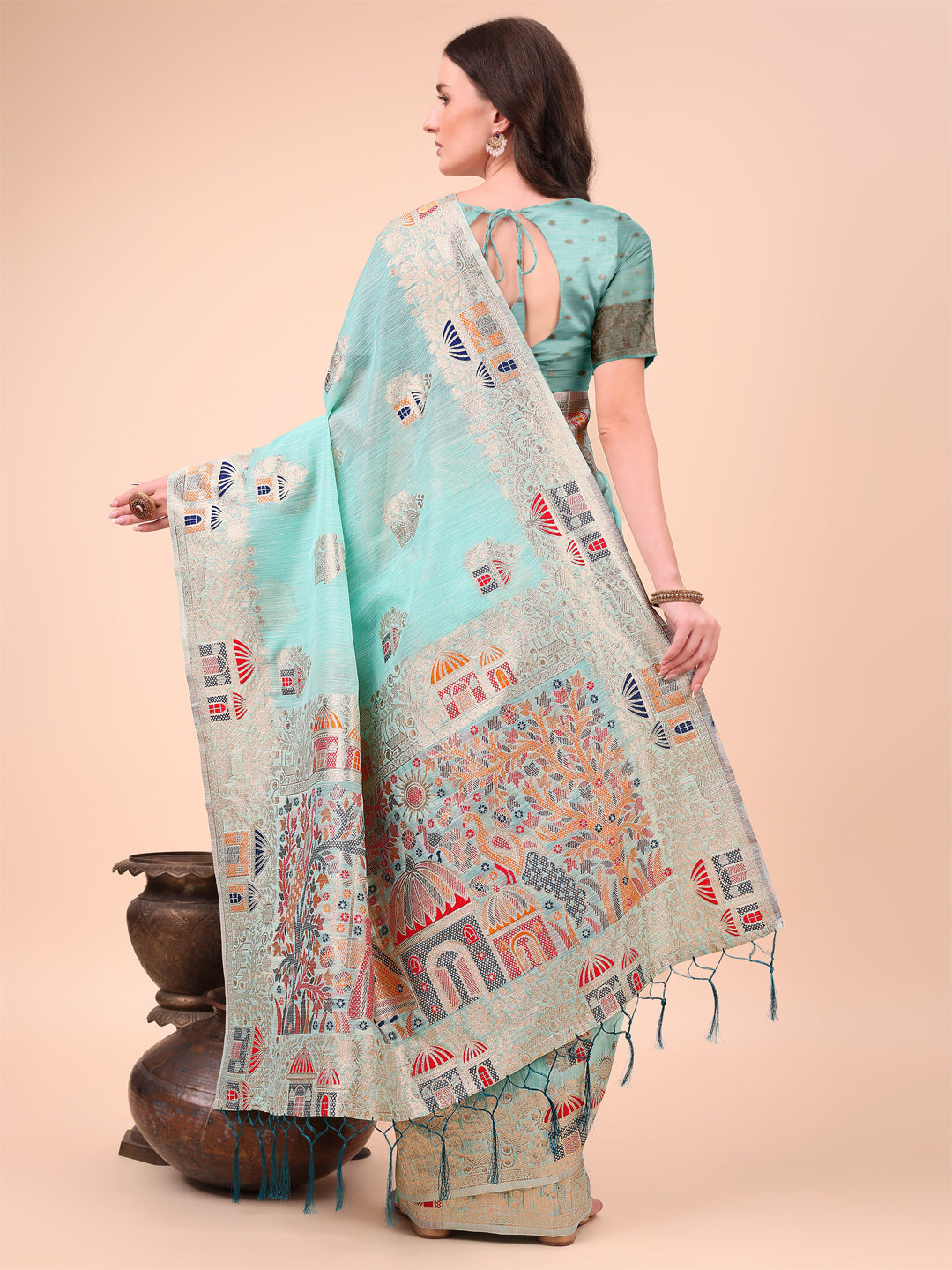 Sky Blue Linen Saree with Multicolor Weaving & Zari Pallu