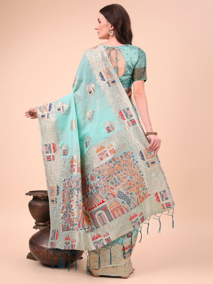 Sky Blue Linen Saree with Multicolor Weaving & Zari Pallu