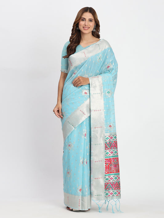 Astita Sky Blue Linen Saree with Multicolor Weaving & Zari Pallu - Elegant & Lightweight for Everyday Grace