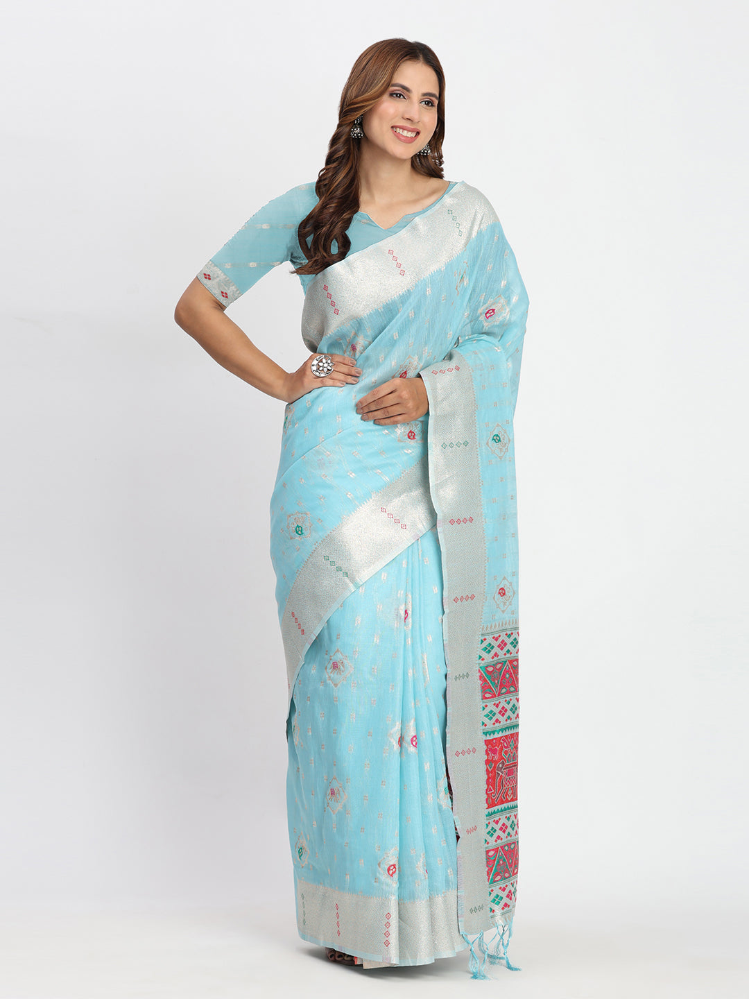 Astita Sky Blue Linen Saree with Multicolor Weaving & Zari Pallu - Elegant & Lightweight for Everyday Grace