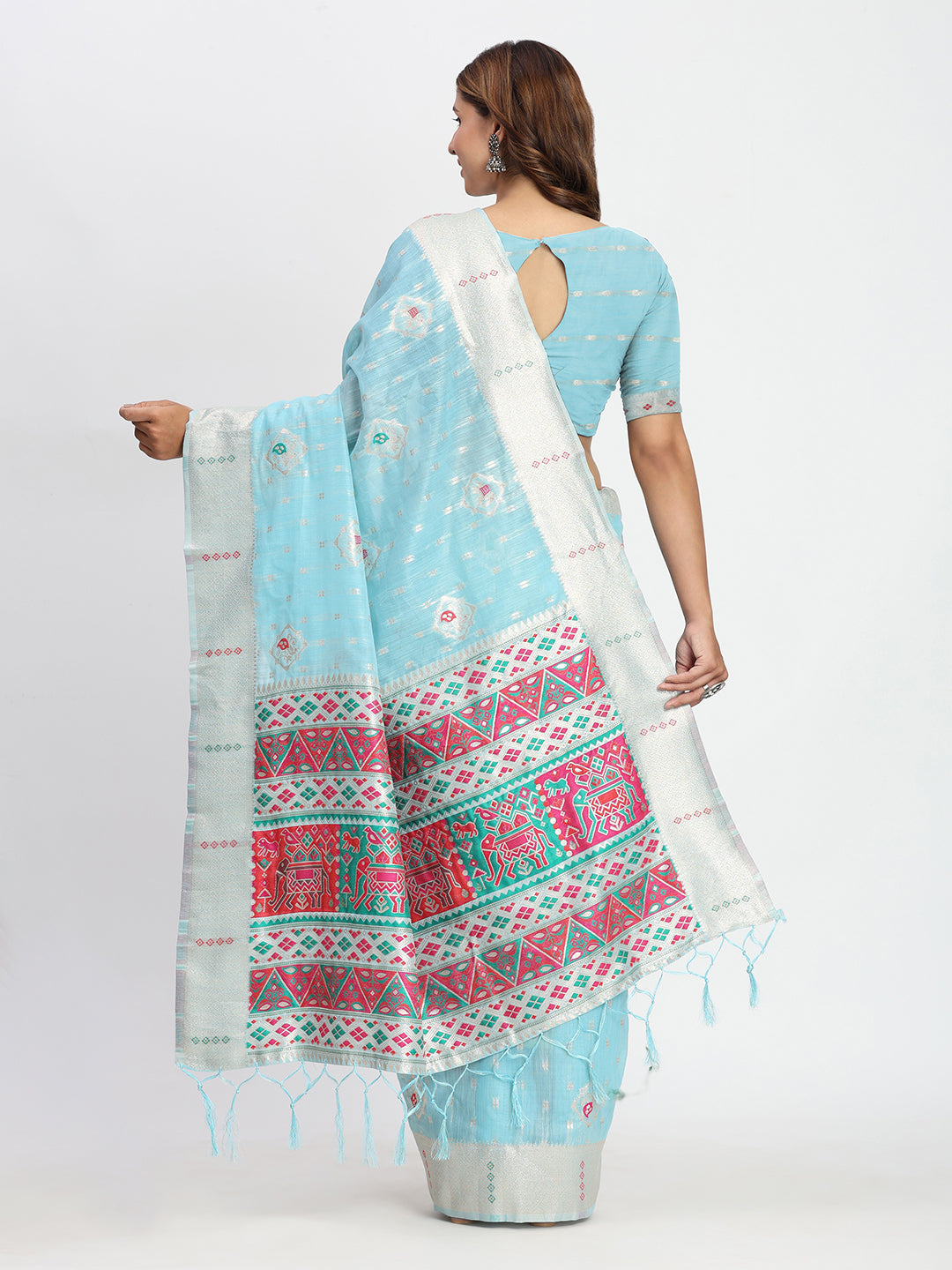 Astita Sky Blue Linen Saree with Multicolor Weaving & Zari Pallu - Elegant & Lightweight for Everyday Grace