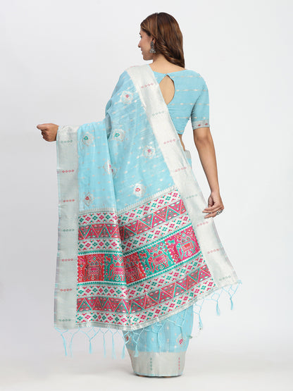 Astita Sky Blue Linen Saree with Multicolor Weaving & Zari Pallu - Elegant & Lightweight for Everyday Grace