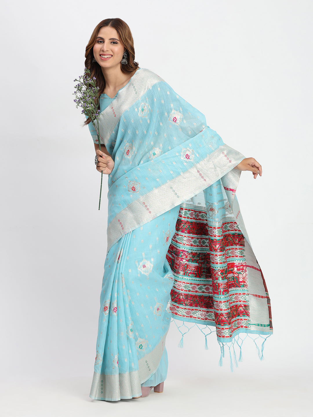 Astita Sky Blue Linen Saree with Multicolor Weaving & Zari Pallu - Elegant & Lightweight for Everyday Grace