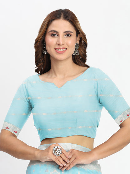 Astita Sky Blue Linen Saree with Multicolor Weaving & Zari Pallu - Elegant & Lightweight for Everyday Grace