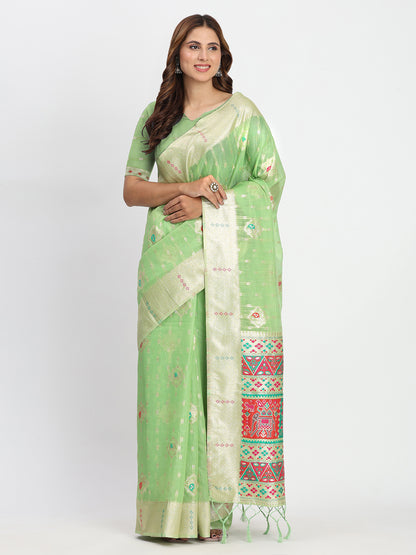 Astita Light Green Linen Saree with Multicolor Weaving & Zari Pallu - Elegant & Lightweight for Everyday Grace