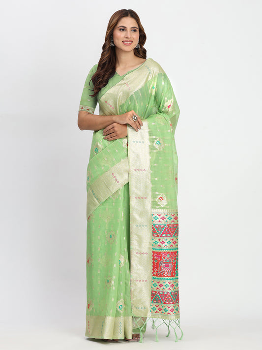 Astita Light Green Linen Saree with Multicolor Weaving & Zari Pallu - Elegant & Lightweight for Everyday Grace
