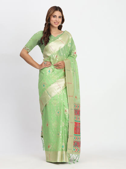 Astita Light Green Linen Saree with Multicolor Weaving & Zari Pallu - Elegant & Lightweight for Everyday Grace