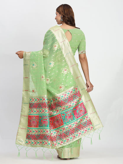 Astita Light Green Linen Saree with Multicolor Weaving & Zari Pallu - Elegant & Lightweight for Everyday Grace