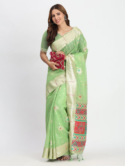 Astita Light Green Linen Saree with Multicolor Weaving & Zari Pallu - Elegant & Lightweight for Everyday Grace