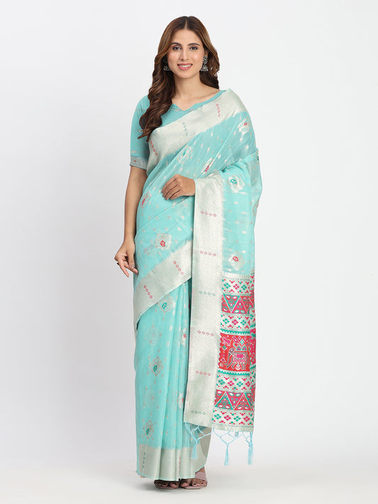 Astita Sea Green Linen Saree with Multicolor Weaving & Zari Pallu - Elegant & Lightweight for Everyday Grace
