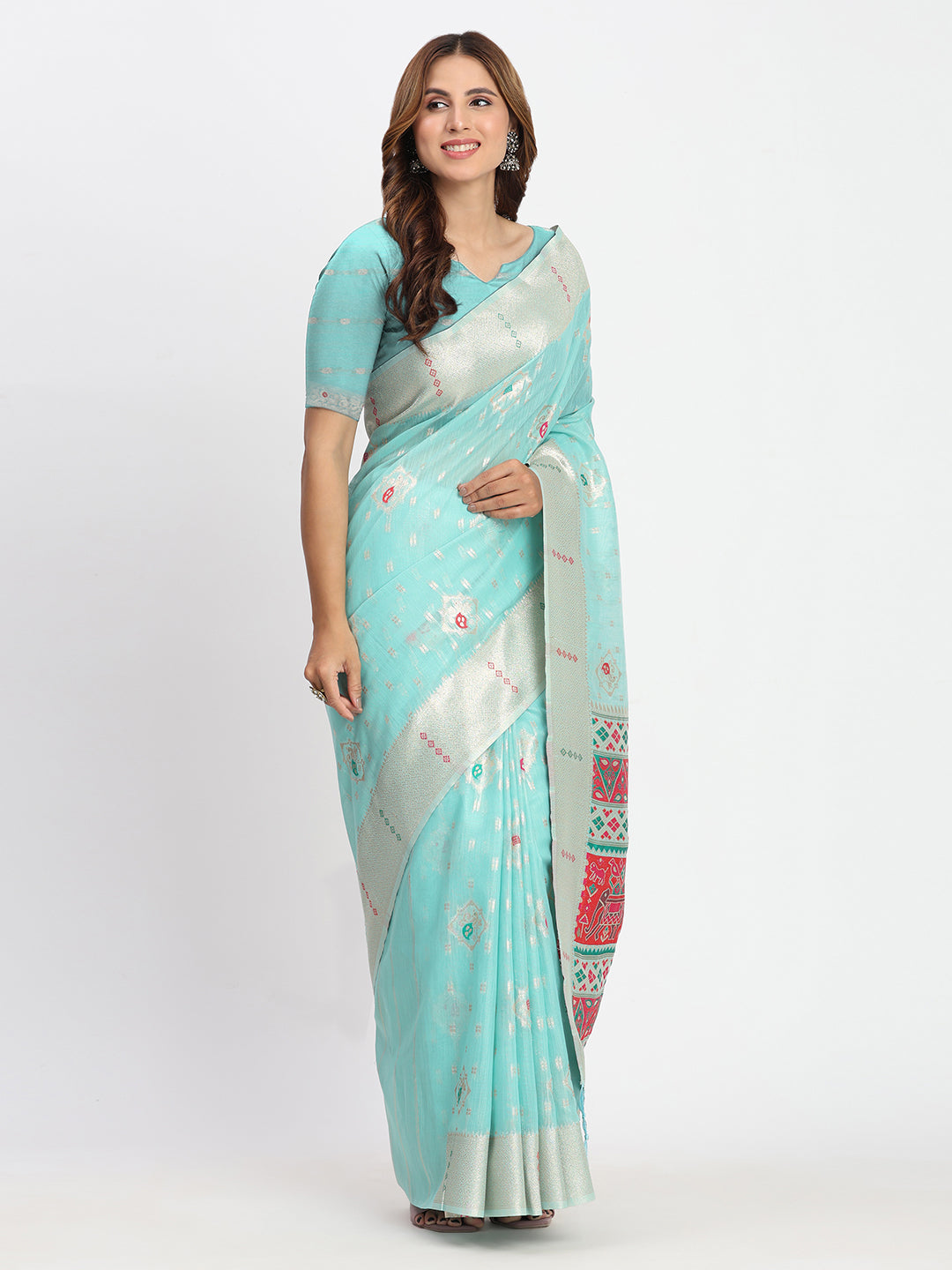 Astita Sea Green Linen Saree with Multicolor Weaving & Zari Pallu - Elegant & Lightweight for Everyday Grace