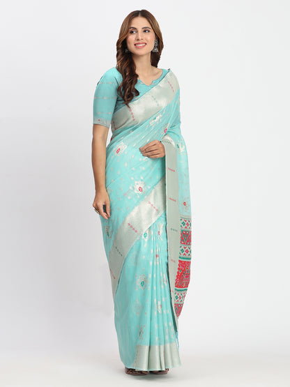 Astita Sea Green Linen Saree with Multicolor Weaving & Zari Pallu - Elegant & Lightweight for Everyday Grace