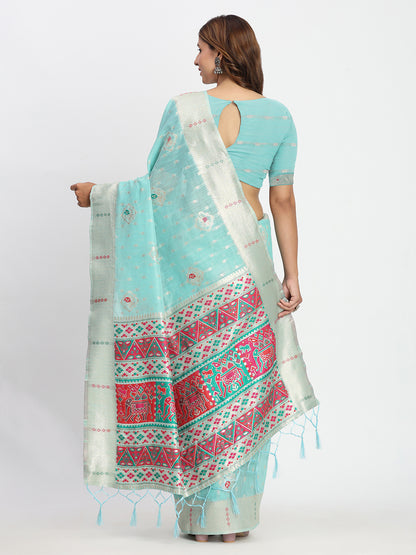 Astita Sea Green Linen Saree with Multicolor Weaving & Zari Pallu - Elegant & Lightweight for Everyday Grace