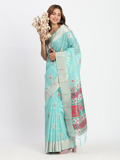Astita Sea Green Linen Saree with Multicolor Weaving & Zari Pallu - Elegant & Lightweight for Everyday Grace