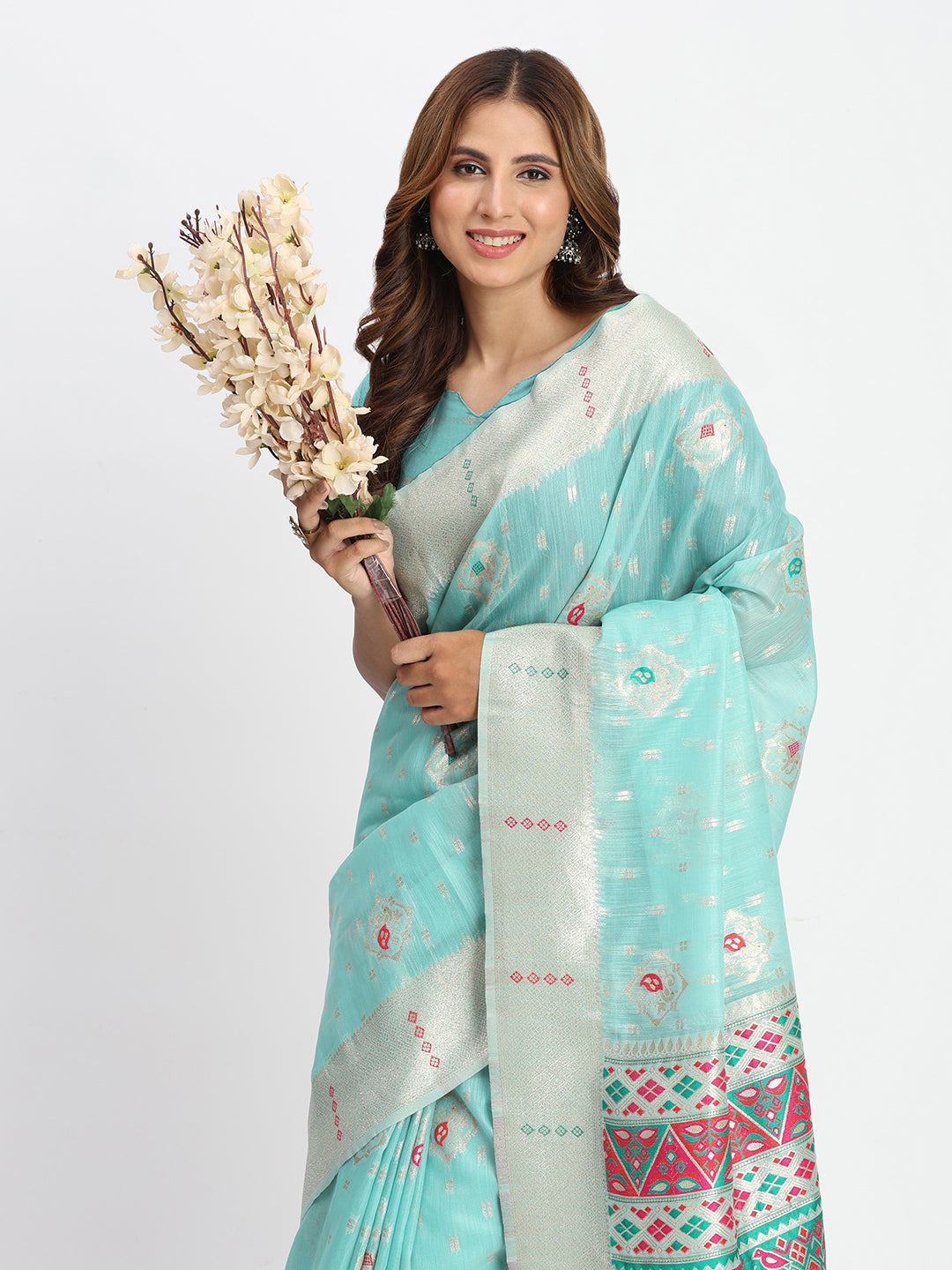 Astita Sea Green Linen Saree with Multicolor Weaving & Zari Pallu - Elegant & Lightweight for Everyday Grace