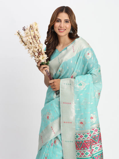 Astita Sea Green Linen Saree with Multicolor Weaving & Zari Pallu - Elegant & Lightweight for Everyday Grace