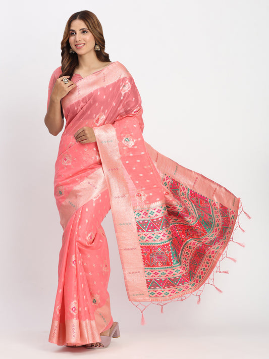 Astita Peach Linen Saree with Multicolor Weaving & Zari Pallu - Elegant & Lightweight for Everyday Grace