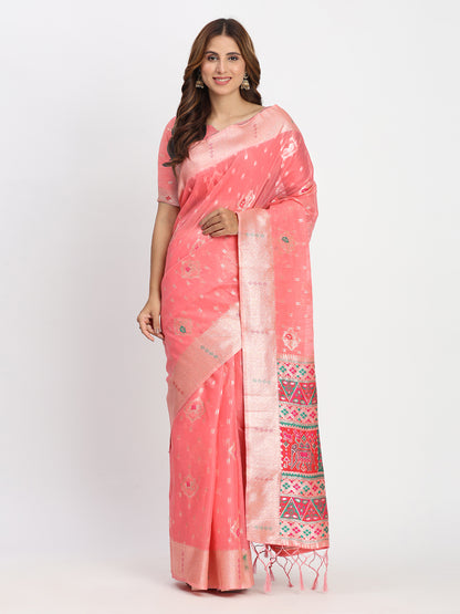 Astita Peach Linen Saree with Multicolor Weaving & Zari Pallu - Elegant & Lightweight for Everyday Grace