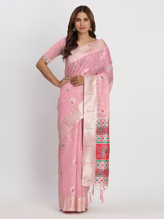 Astita Light Pink Linen Saree with Multicolor Weaving & Zari Pallu - Elegant & Lightweight for Everyday Grace