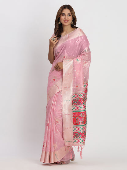 Astita Light Pink Linen Saree with Multicolor Weaving & Zari Pallu - Elegant & Lightweight for Everyday Grace